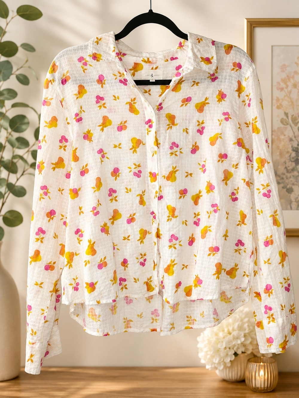 Lou & Grey Fruit Print Cotton Gauze Button Down Shirt Blouse Cottagecore Size L